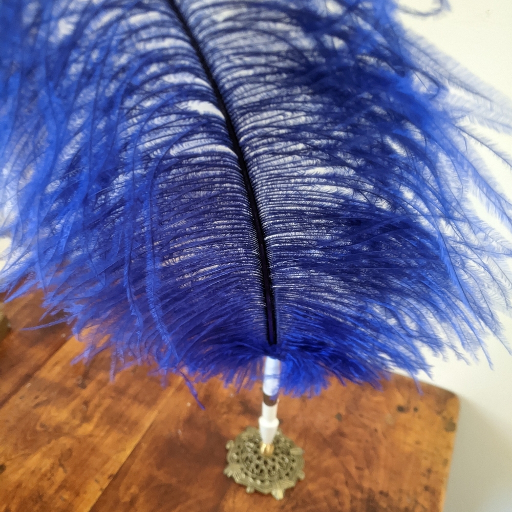 Blue ostrich feather pen and holder great to sign guest book wedding bridal deco